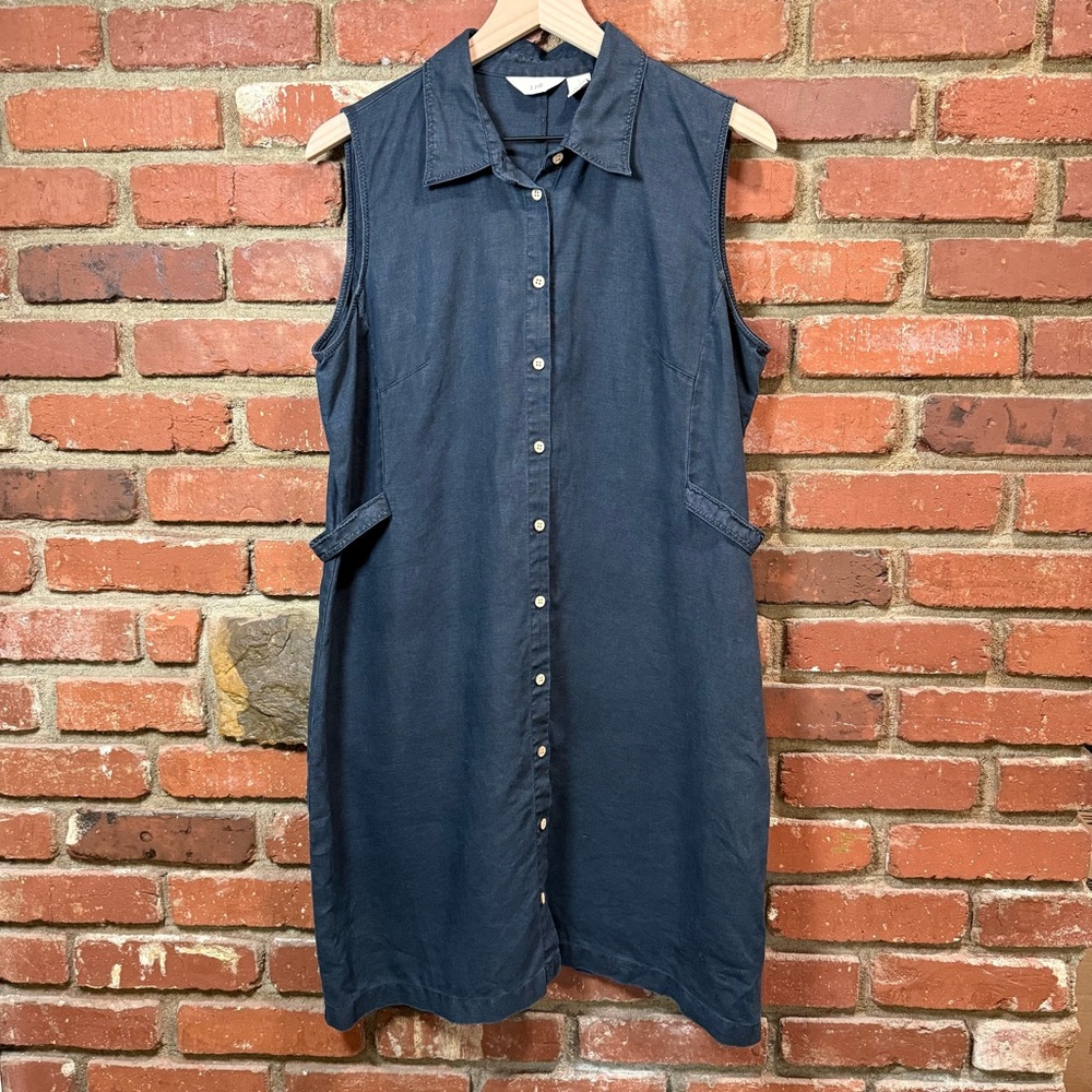 J.Jill Love Linen Dress Women's L Navy Beachy Coastal Nautical Button Up Lagon